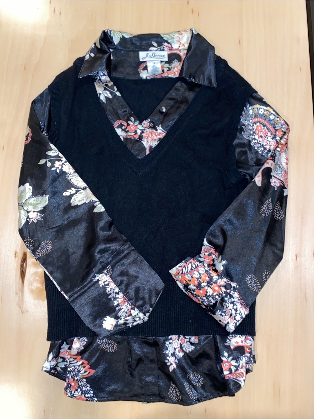 J. Marco Black V-Neck Sweater Blouse with Floral Satin Sleeves
